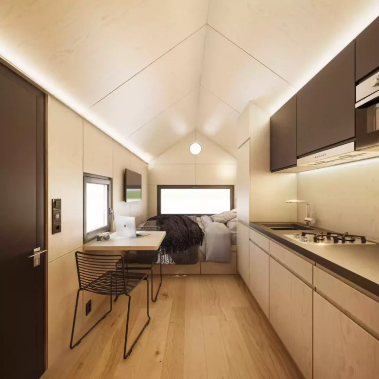 A tiny home's interior with customized cabinetry.