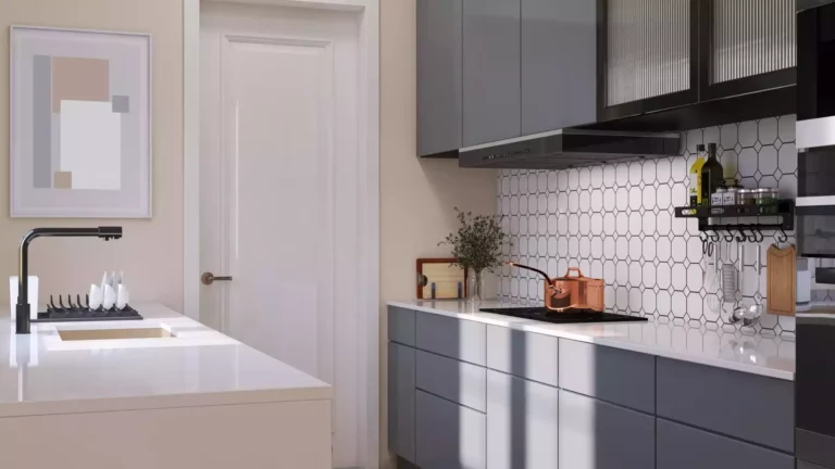 A tiny kitchen with upper and lower storage.