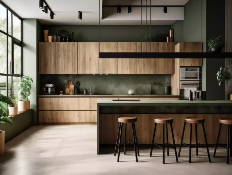 A kitchen with sage green walls and bamboo cabinets.