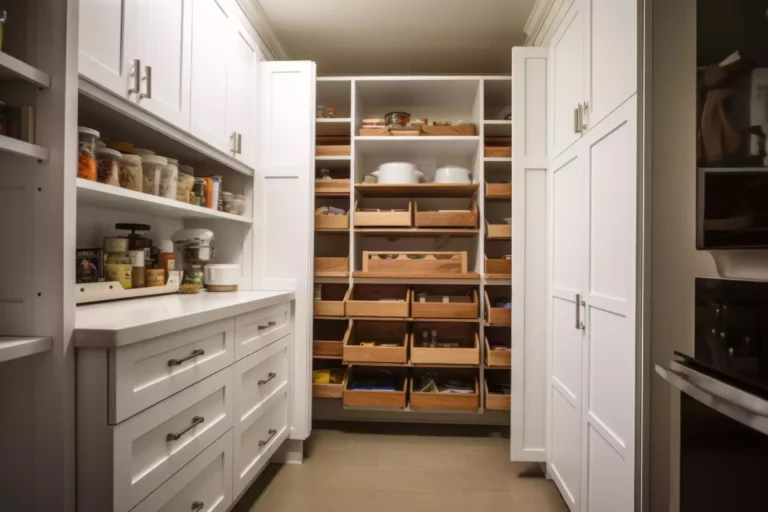 A large pantry with open shelves and white cabinets.
