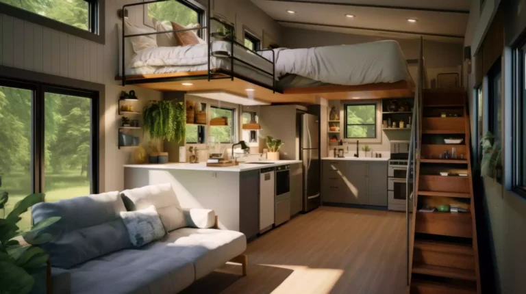 A tiny house living space, with a lofted bed and custom cabinets.