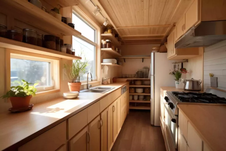A small kitchen with open shelving and large windows.