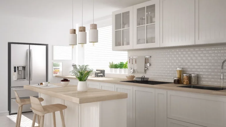 Open Concept Kitchen Remodel. Scandinavian classic kitchen with wooden and white details, minimalist interior design